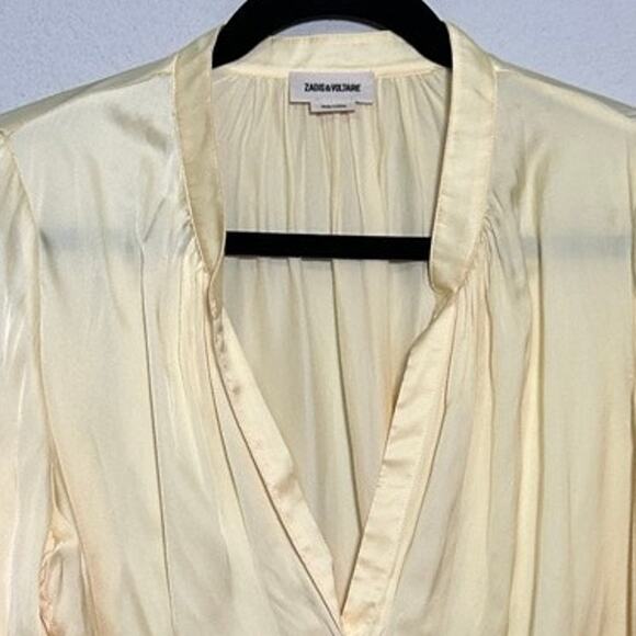 Zadig & Voltaire Tink Satin Blouse In Butter Yellow Sz Md V-Neck ASO Ted Lasso - Picture 7 of 7